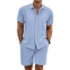 COOFANDY Men’s Summer Beach Outfits 2 Piece Short Sleeve Shirts and Shorts Vacation Texture Linen Sets for Men(Denim Blue)