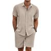 COOFANDY Men’s Summer Beach Outfits 2 Piece Short Sleeve Shirts and Shorts Vacation Texture Linen Sets for Men(Khaki)