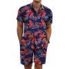 COOFANDY Men’s Summer Beach Outfits 2 Piece Short Sleeve Shirts and Shorts Vacation Texture Linen Sets for Men(Leaves-navy Blue)