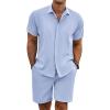COOFANDY Men’s Summer Beach Outfits 2 Piece Short Sleeve Shirts and Shorts Vacation Texture Linen Sets for Men(Light Blue)