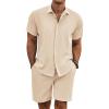 COOFANDY Men’s Summer Beach Outfits 2 Piece Short Sleeve Shirts and Shorts Vacation Texture Linen Sets for Men(Light Khaki)