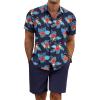COOFANDY Men’s Summer Beach Outfits 2 Piece Short Sleeve Shirts and Shorts Vacation Texture Linen Sets for Men(Navy – Floral)