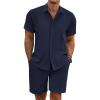 COOFANDY Men’s Summer Beach Outfits 2 Piece Short Sleeve Shirts and Shorts Vacation Texture Linen Sets for Men(Navy Blue)