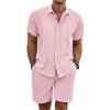 COOFANDY Men’s Summer Beach Outfits 2 Piece Short Sleeve Shirts and Shorts Vacation Texture Linen Sets for Men(Pink)