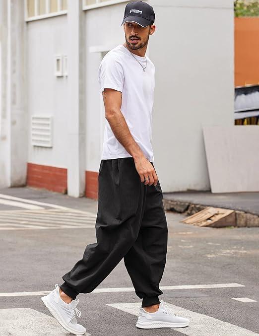 imageCOOFANDY Men Hippie Harem Pants Baggy Linen Cotton Boho Yoga Pants Summer Beach Pants Casual Drop Crotch TrouserBlack