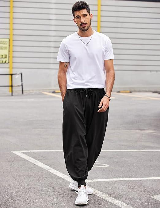 imageCOOFANDY Men Hippie Harem Pants Baggy Linen Cotton Boho Yoga Pants Summer Beach Pants Casual Drop Crotch TrouserBlack