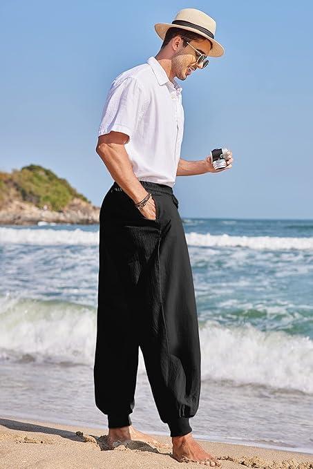 imageCOOFANDY Men Hippie Harem Pants Baggy Linen Cotton Boho Yoga Pants Summer Beach Pants Casual Drop Crotch TrouserBlack