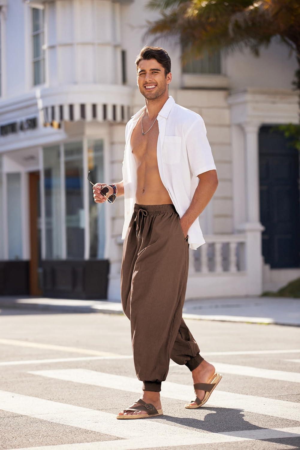 imageCOOFANDY Men Hippie Harem Pants Baggy Linen Cotton Boho Yoga Pants Summer Beach Pants Casual Drop Crotch TrouserBrown