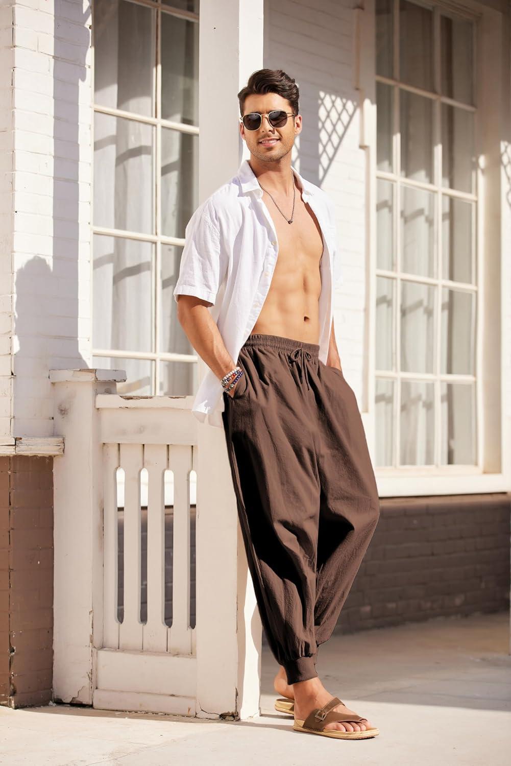 imageCOOFANDY Men Hippie Harem Pants Baggy Linen Cotton Boho Yoga Pants Summer Beach Pants Casual Drop Crotch TrouserBrown