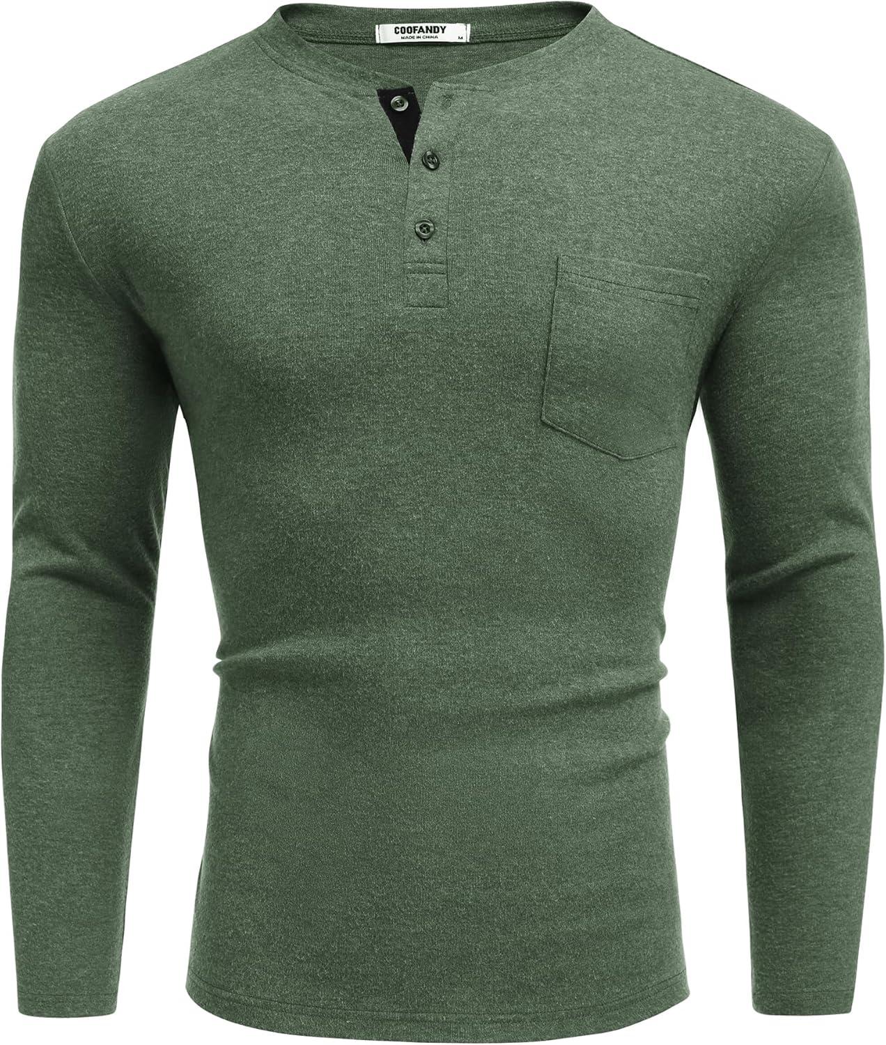 imageCOOFANDY Men Long Sleeve Henley Shirs Casual Basic T Shirts Soild Button Tees with PocketsArmy Green