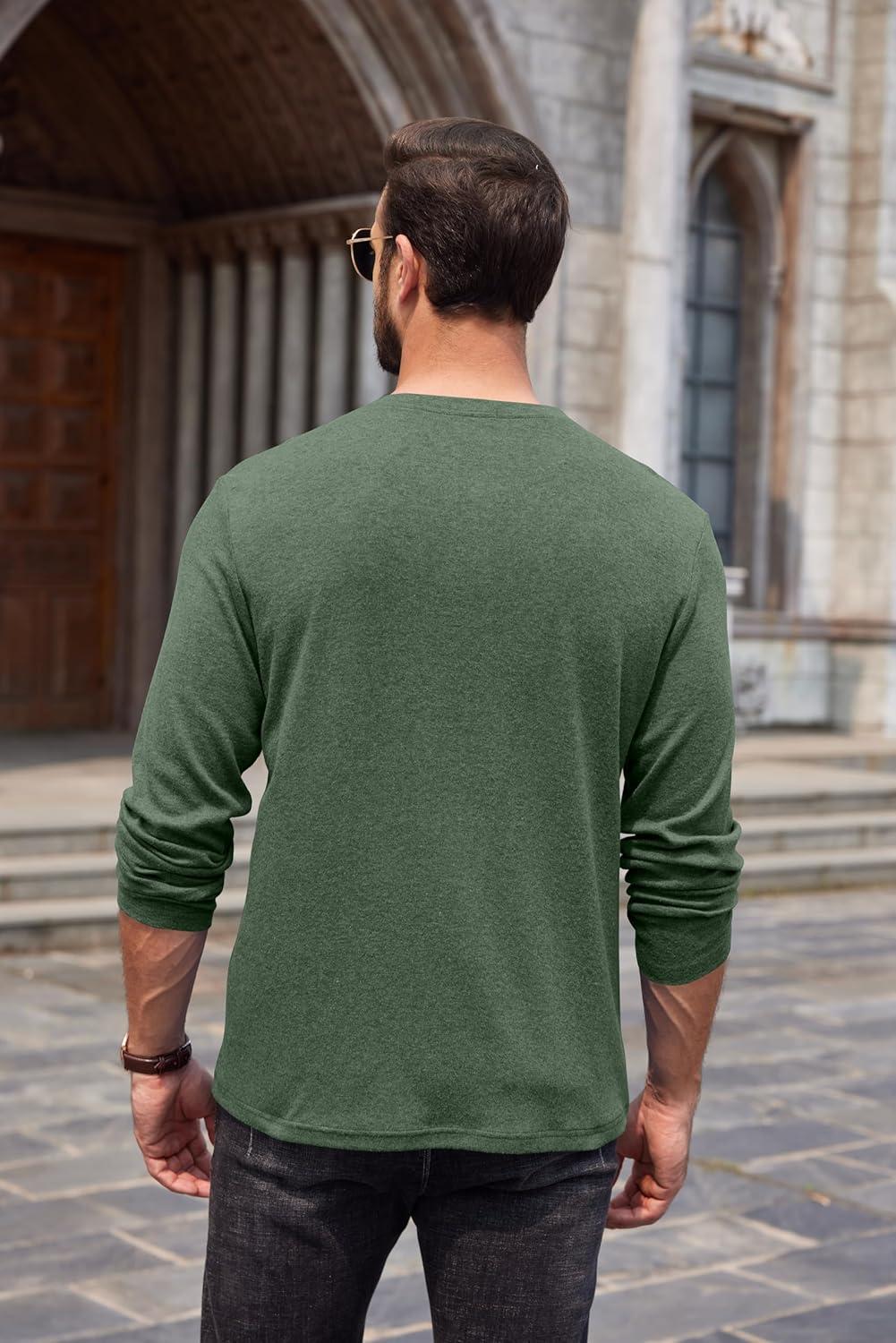 imageCOOFANDY Men Long Sleeve Henley Shirs Casual Basic T Shirts Soild Button Tees with PocketsArmy Green