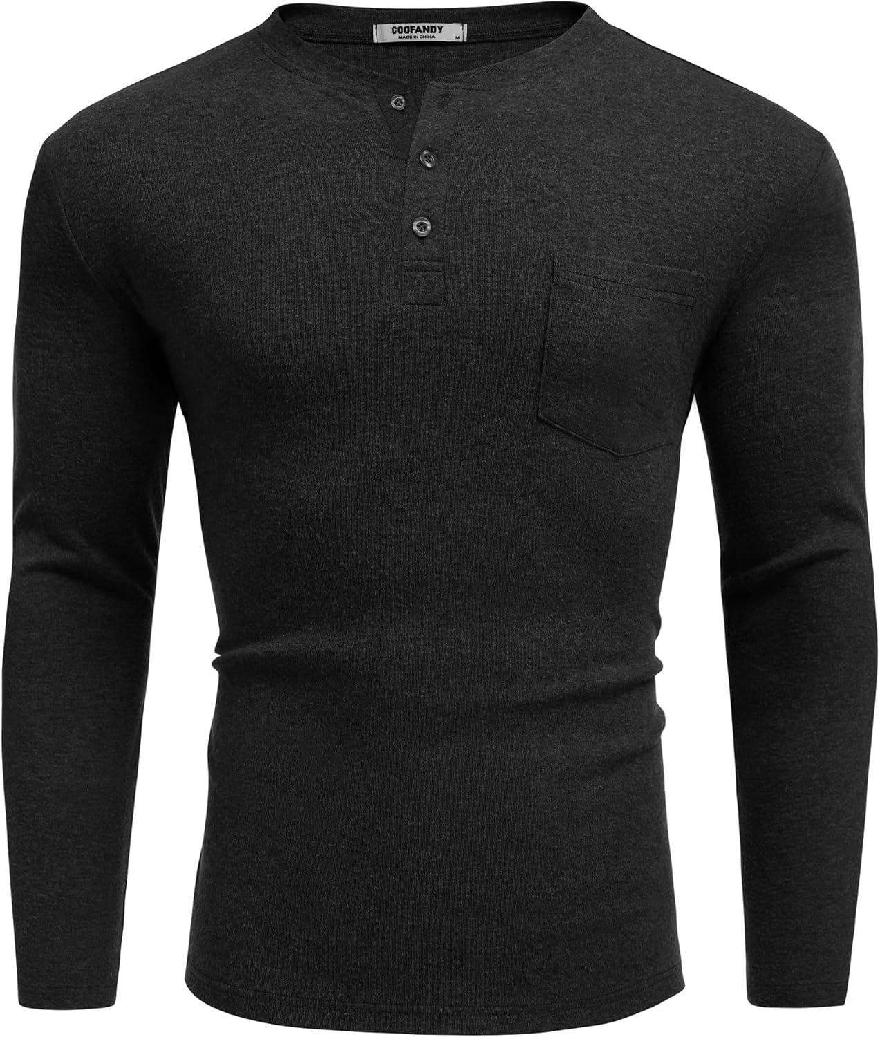 imageCOOFANDY Men Long Sleeve Henley Shirs Casual Basic T Shirts Soild Button Tees with PocketsBlack