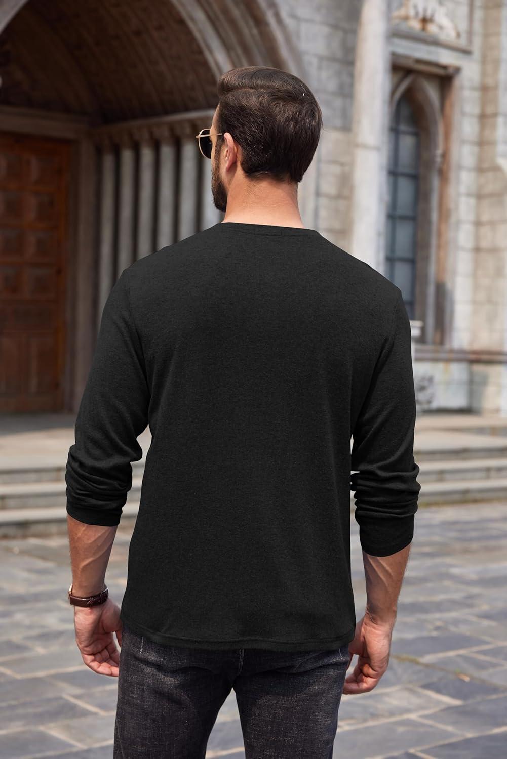 imageCOOFANDY Men Long Sleeve Henley Shirs Casual Basic T Shirts Soild Button Tees with PocketsBlack