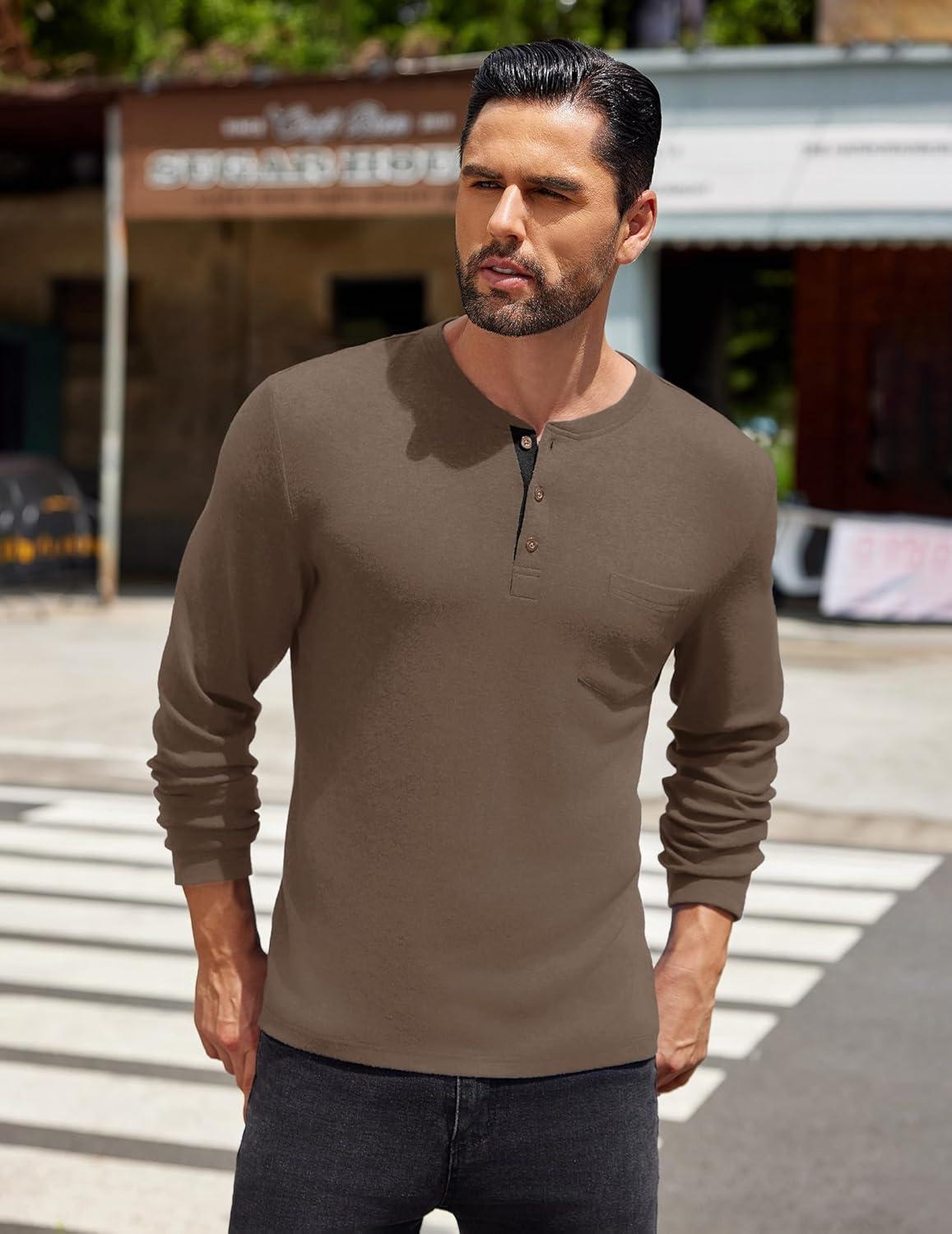 imageCOOFANDY Men Long Sleeve Henley Shirs Casual Basic T Shirts Soild Button Tees with PocketsBrown