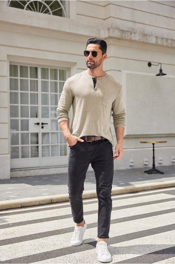 imageCOOFANDY Men Long Sleeve Henley Shirs Casual Basic T Shirts Soild Button Tees with PocketsCoffee