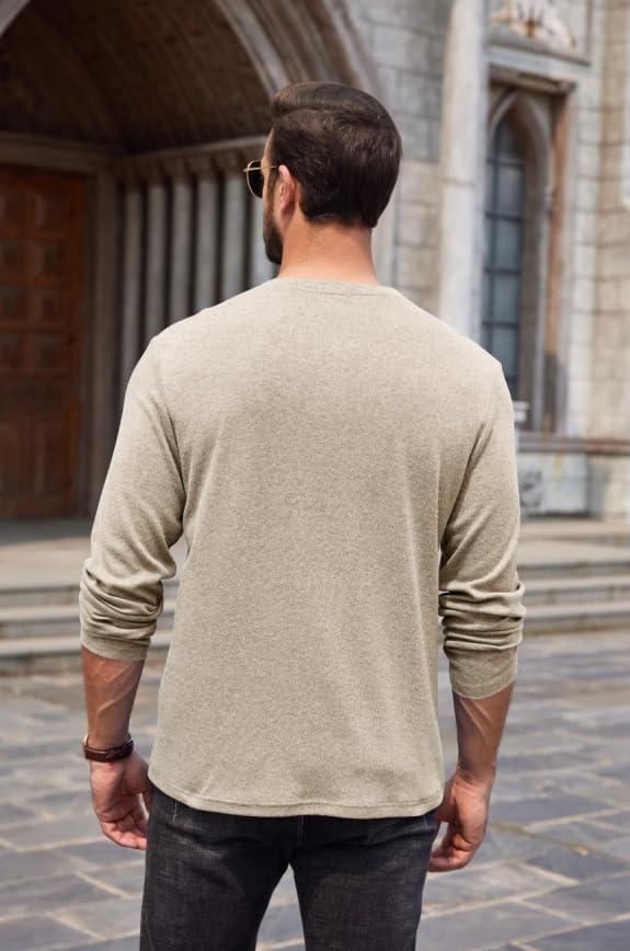 imageCOOFANDY Men Long Sleeve Henley Shirs Casual Basic T Shirts Soild Button Tees with PocketsCoffee