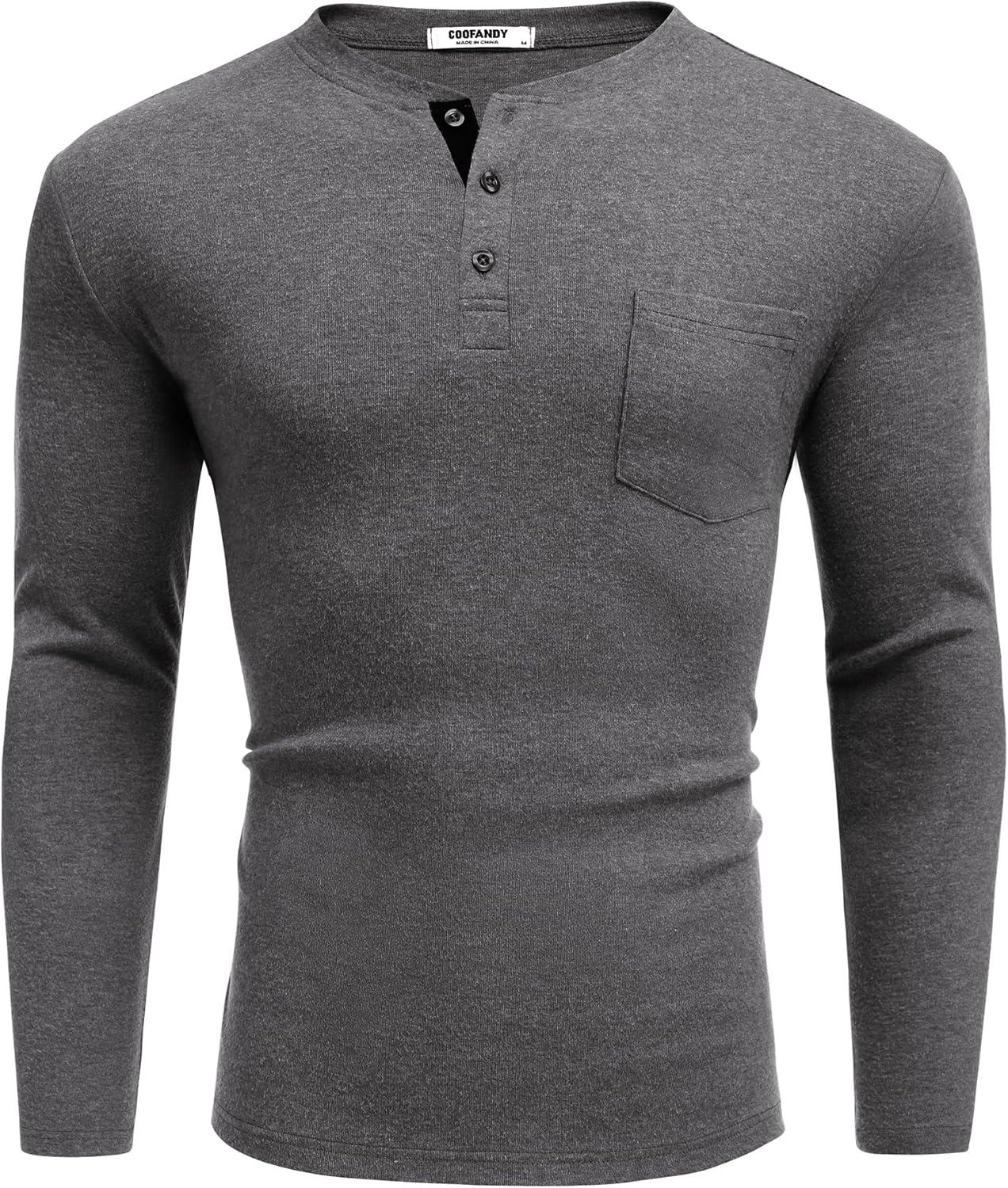 imageCOOFANDY Men Long Sleeve Henley Shirs Casual Basic T Shirts Soild Button Tees with PocketsDark Grey
