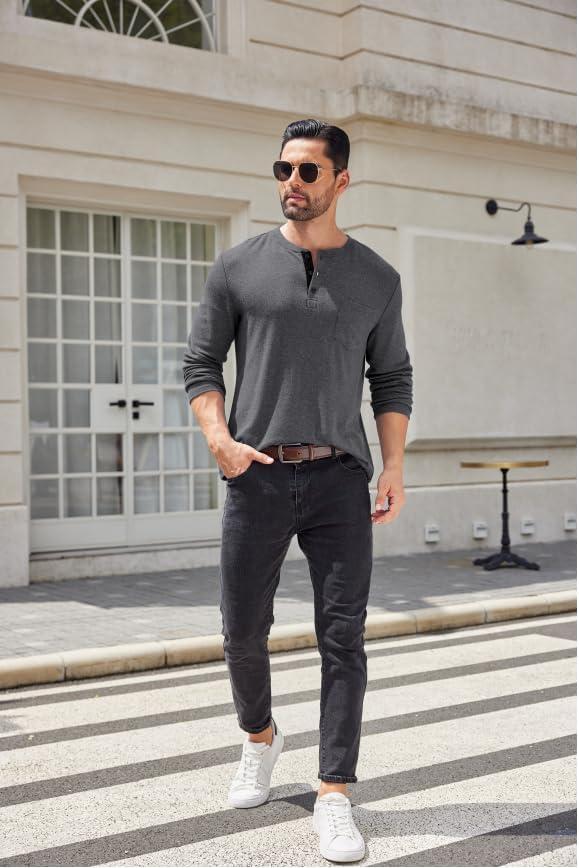 imageCOOFANDY Men Long Sleeve Henley Shirs Casual Basic T Shirts Soild Button Tees with PocketsDark Grey