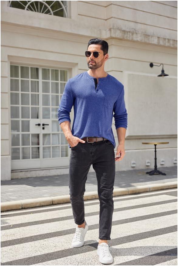 imageCOOFANDY Men Long Sleeve Henley Shirs Casual Basic T Shirts Soild Button Tees with PocketsDeep Blue