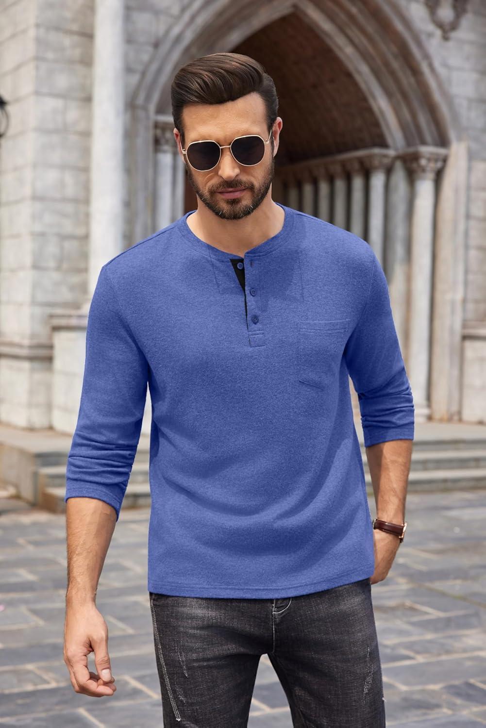 imageCOOFANDY Men Long Sleeve Henley Shirs Casual Basic T Shirts Soild Button Tees with PocketsDeep Blue