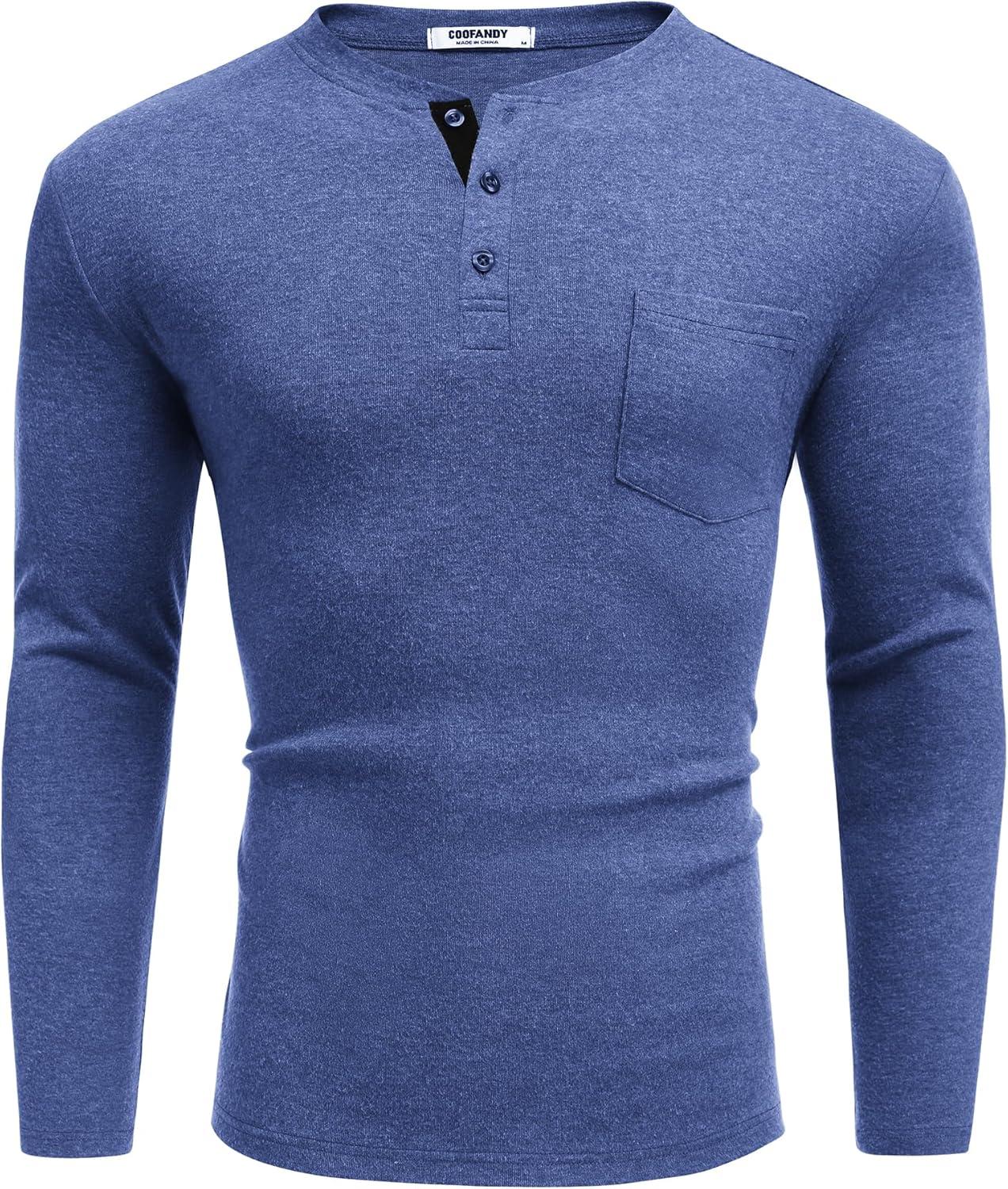imageCOOFANDY Men Long Sleeve Henley Shirs Casual Basic T Shirts Soild Button Tees with PocketsDeep Blue