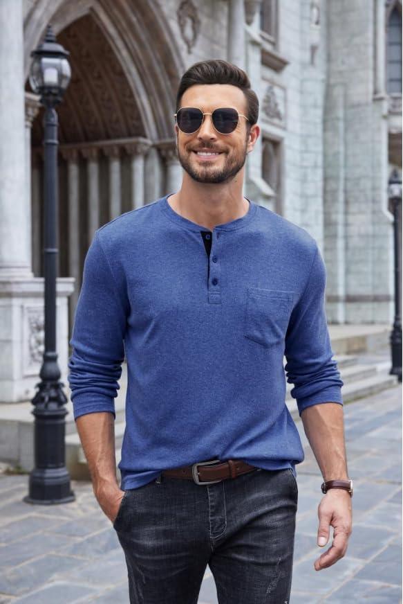 imageCOOFANDY Men Long Sleeve Henley Shirs Casual Basic T Shirts Soild Button Tees with PocketsDeep Blue