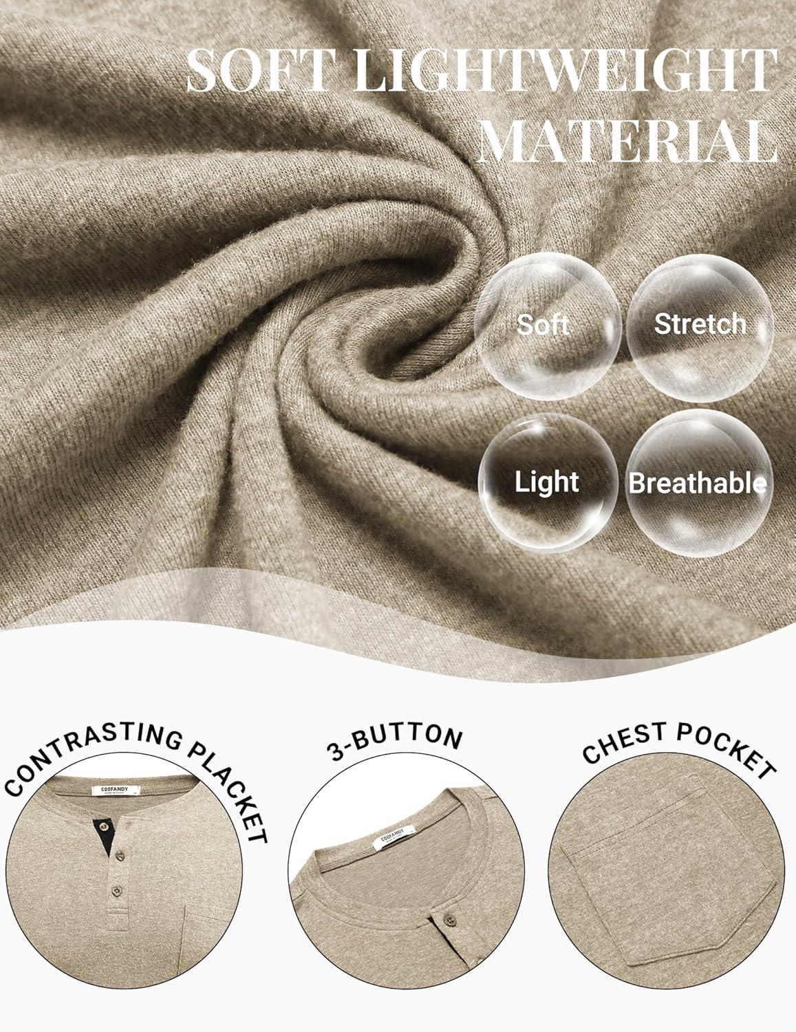 imageCOOFANDY Men Long Sleeve Henley Shirs Casual Basic T Shirts Soild Button Tees with PocketsKhaki