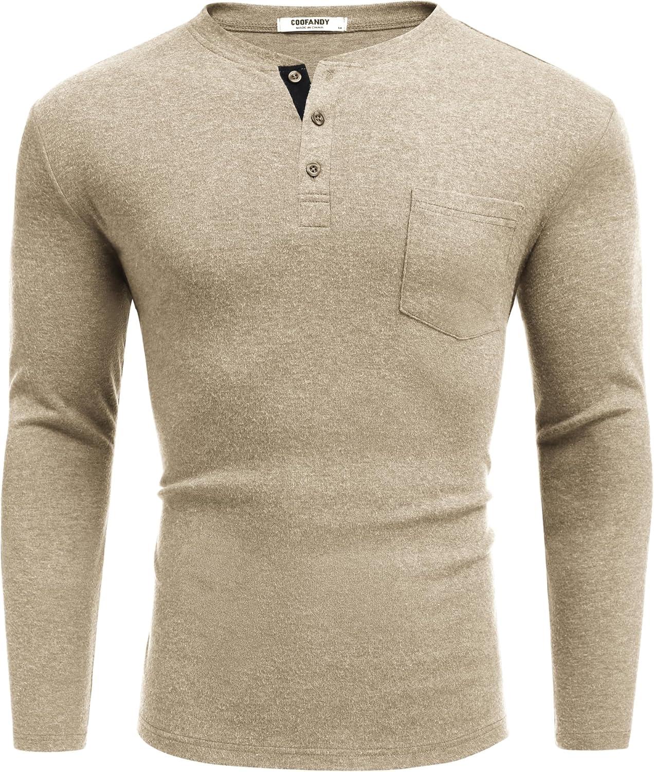 imageCOOFANDY Men Long Sleeve Henley Shirs Casual Basic T Shirts Soild Button Tees with PocketsKhaki