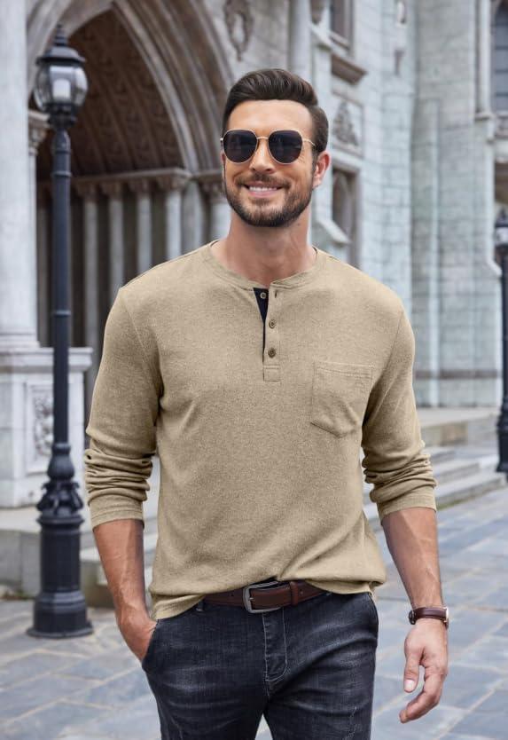 imageCOOFANDY Men Long Sleeve Henley Shirs Casual Basic T Shirts Soild Button Tees with PocketsKhaki