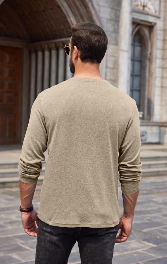 imageCOOFANDY Men Long Sleeve Henley Shirs Casual Basic T Shirts Soild Button Tees with PocketsKhaki
