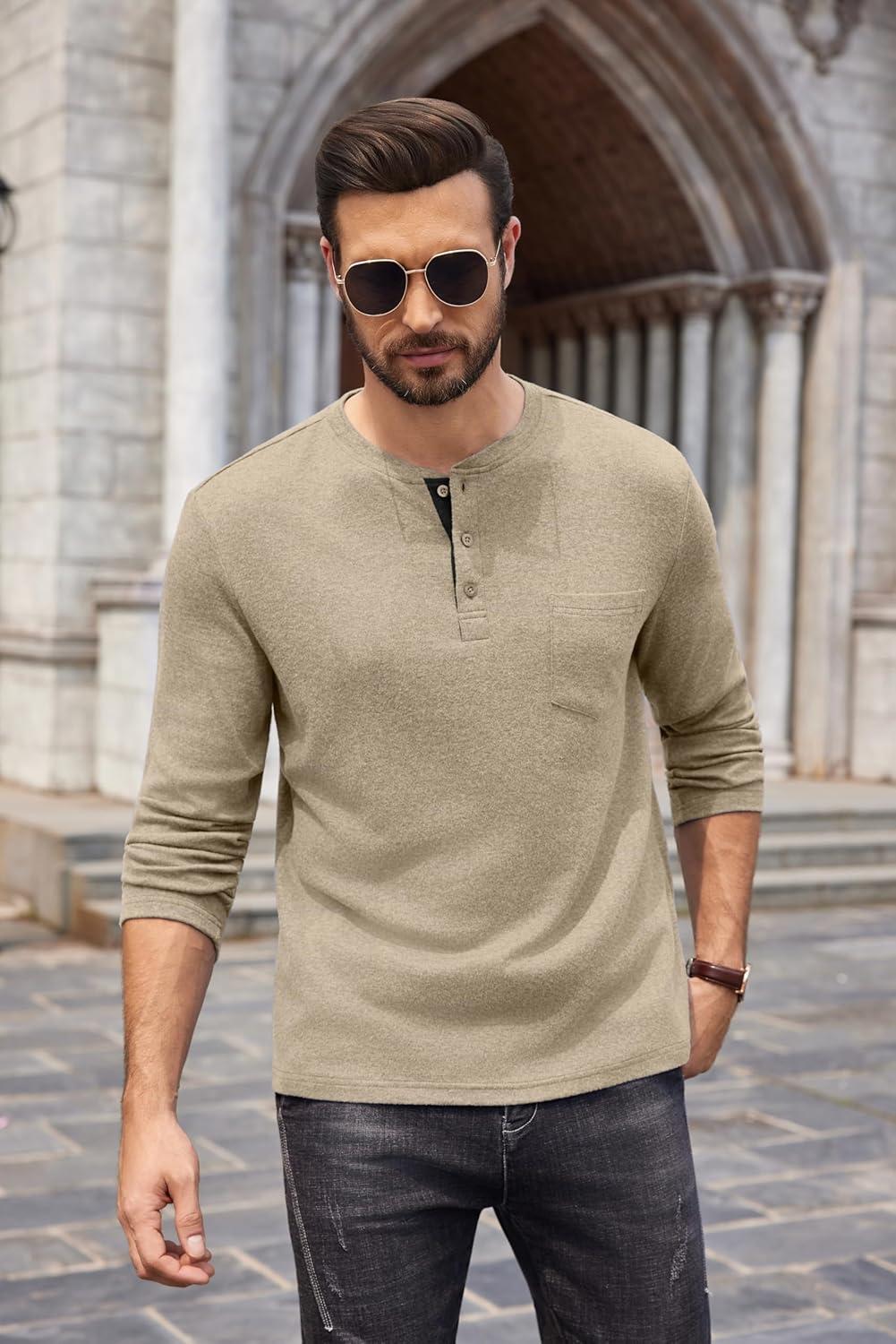 imageCOOFANDY Men Long Sleeve Henley Shirs Casual Basic T Shirts Soild Button Tees with PocketsKhaki