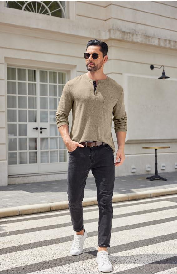 imageCOOFANDY Men Long Sleeve Henley Shirs Casual Basic T Shirts Soild Button Tees with PocketsKhaki