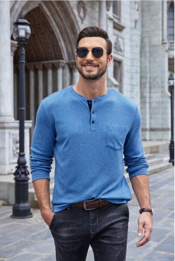 imageCOOFANDY Men Long Sleeve Henley Shirs Casual Basic T Shirts Soild Button Tees with PocketsLight Blue