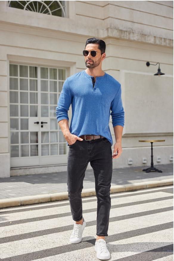 imageCOOFANDY Men Long Sleeve Henley Shirs Casual Basic T Shirts Soild Button Tees with PocketsLight Blue