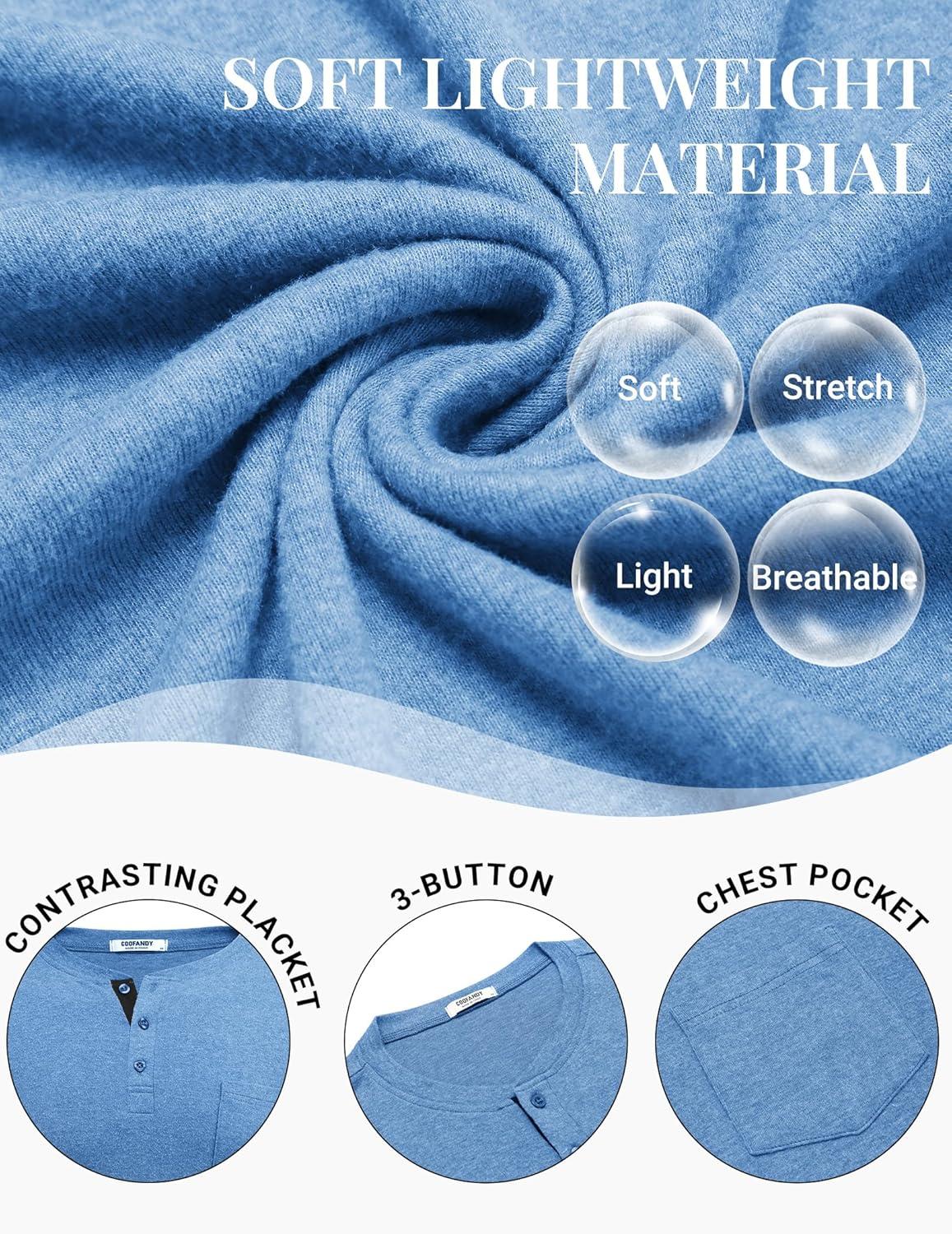 imageCOOFANDY Men Long Sleeve Henley Shirs Casual Basic T Shirts Soild Button Tees with PocketsLight Blue