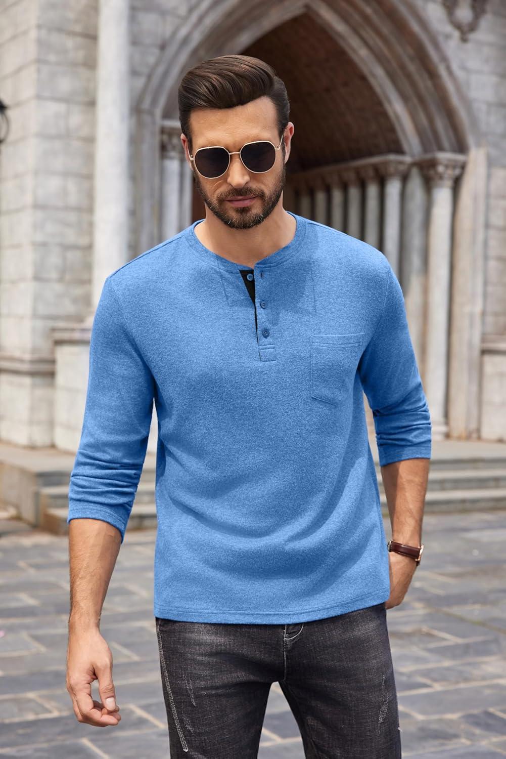 imageCOOFANDY Men Long Sleeve Henley Shirs Casual Basic T Shirts Soild Button Tees with PocketsLight Blue