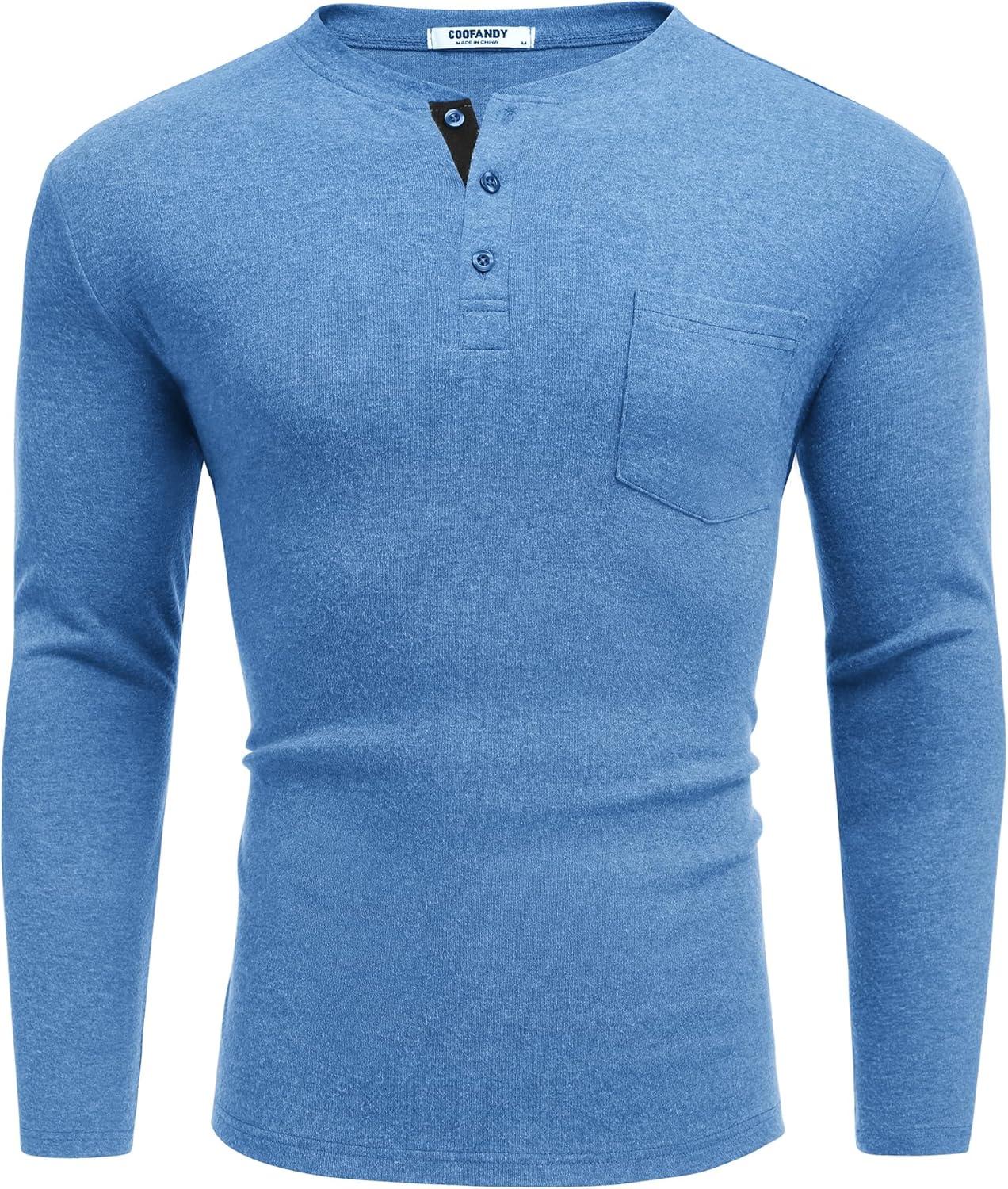 imageCOOFANDY Men Long Sleeve Henley Shirs Casual Basic T Shirts Soild Button Tees with PocketsLight Blue