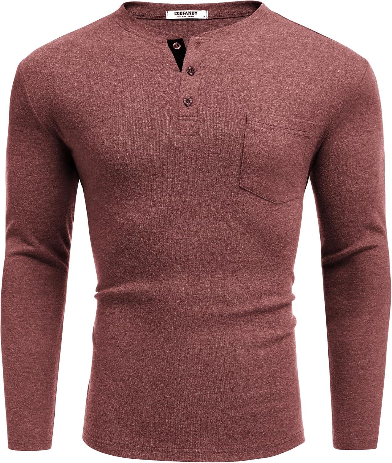 imageCOOFANDY Men Long Sleeve Henley Shirs Casual Basic T Shirts Soild Button Tees with PocketsPurple Red