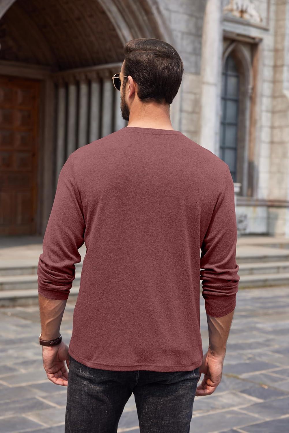imageCOOFANDY Men Long Sleeve Henley Shirs Casual Basic T Shirts Soild Button Tees with PocketsPurple Red