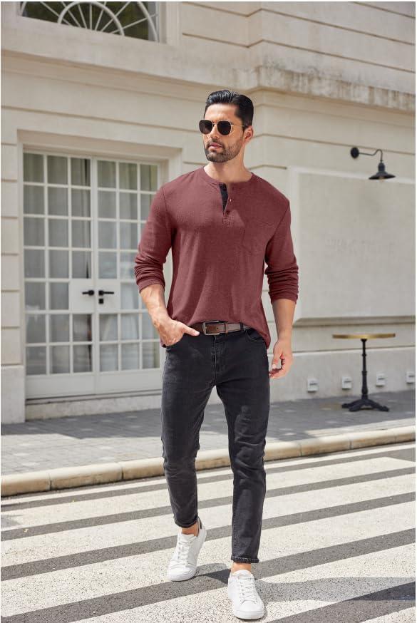 imageCOOFANDY Men Long Sleeve Henley Shirs Casual Basic T Shirts Soild Button Tees with PocketsPurple Red