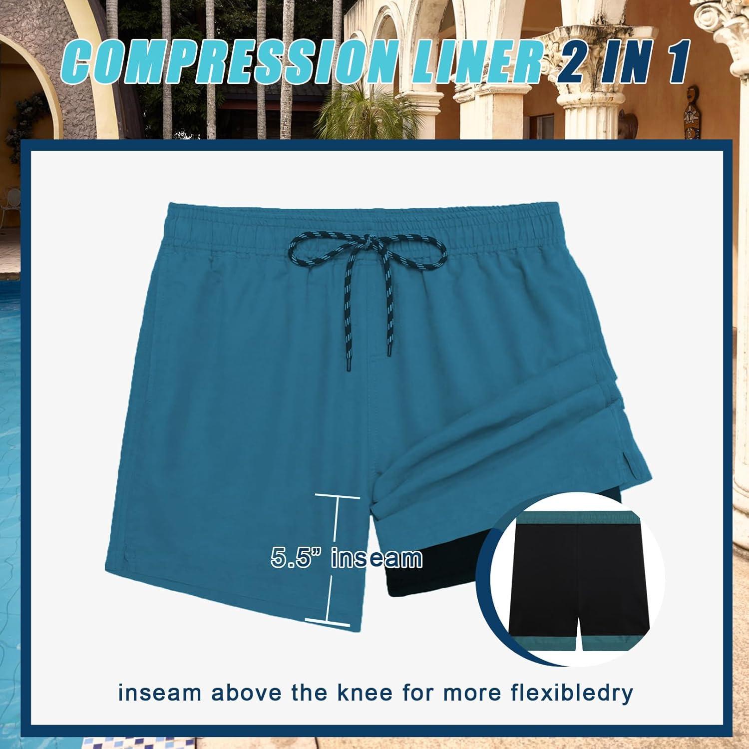 imageCOOFANDY Men Swim Trunk with Compression Liner 2 in 1 Swimwear Bathing Suit Quick Dry Board ShortPeacock Bluegreen