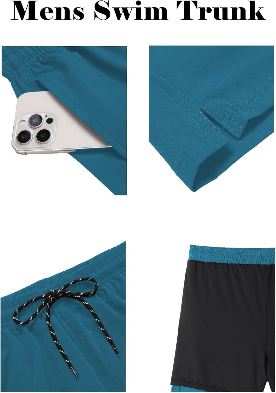 imageCOOFANDY Men Swim Trunk with Compression Liner 2 in 1 Swimwear Bathing Suit Quick Dry Board ShortPeacock Bluegreen