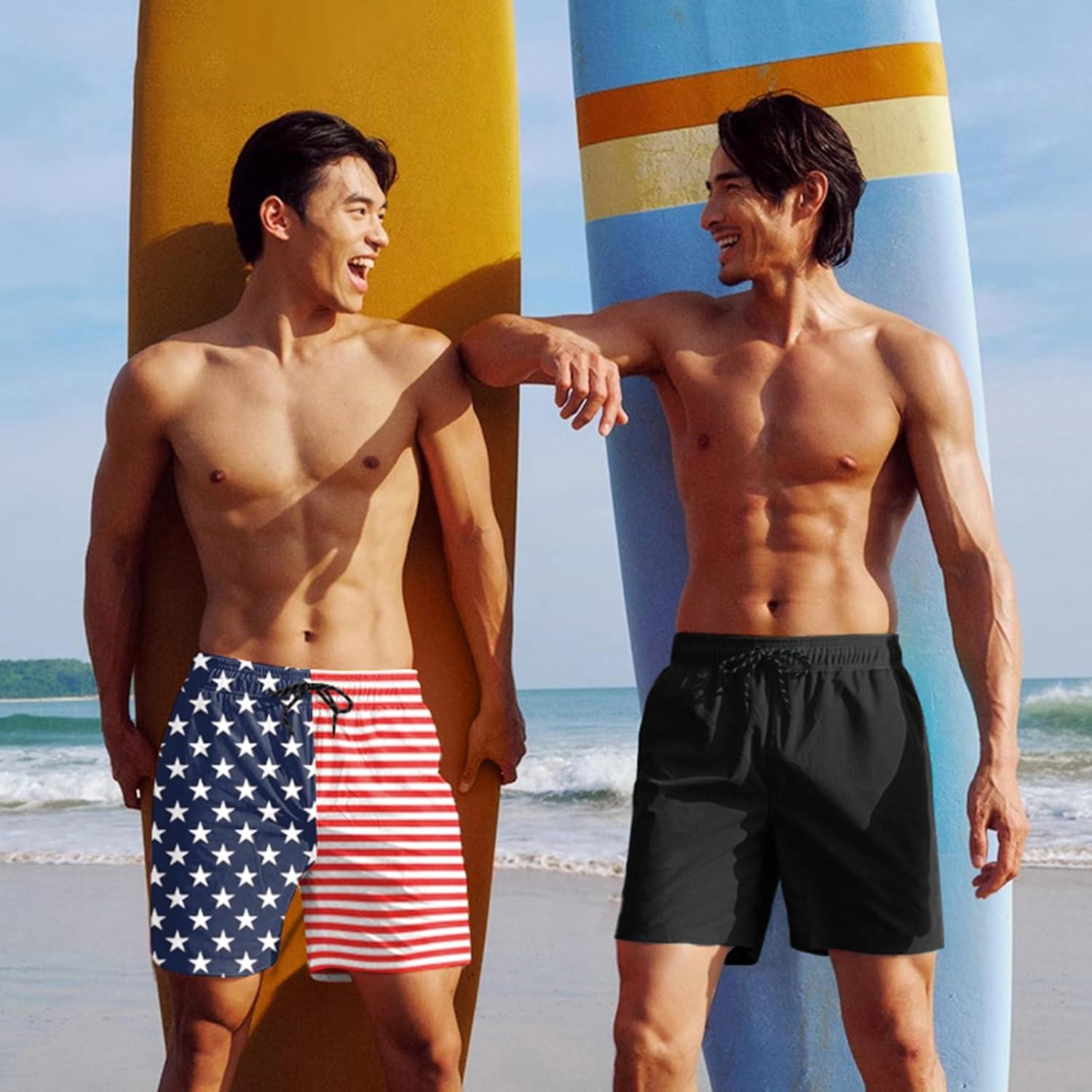 imageCOOFANDY Men Swim Trunk with Compression Liner 2 in 1 Swimwear Bathing Suit Quick Dry Board ShortPrint American Flag 2