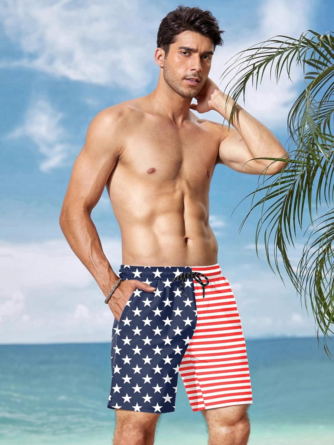 imageCOOFANDY Men Swim Trunk with Compression Liner 2 in 1 Swimwear Bathing Suit Quick Dry Board ShortPrint American Flag 2