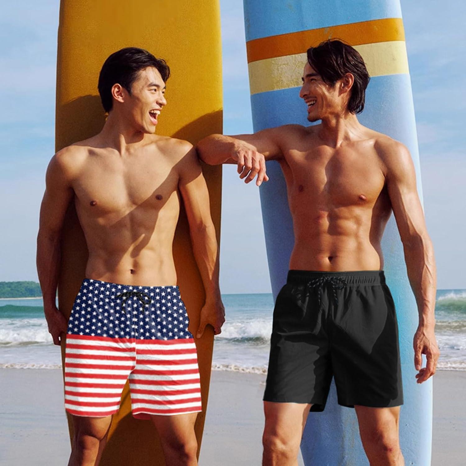 imageCOOFANDY Men Swim Trunk with Compression Liner 2 in 1 Swimwear Bathing Suit Quick Dry Board ShortPrint American Flag