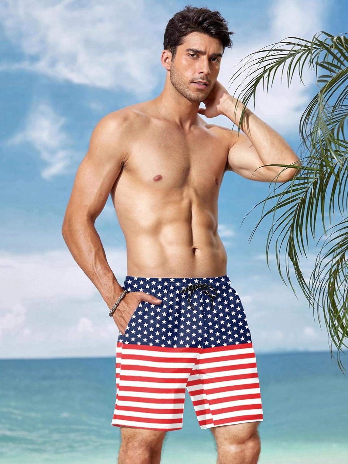 imageCOOFANDY Men Swim Trunk with Compression Liner 2 in 1 Swimwear Bathing Suit Quick Dry Board ShortPrint American Flag