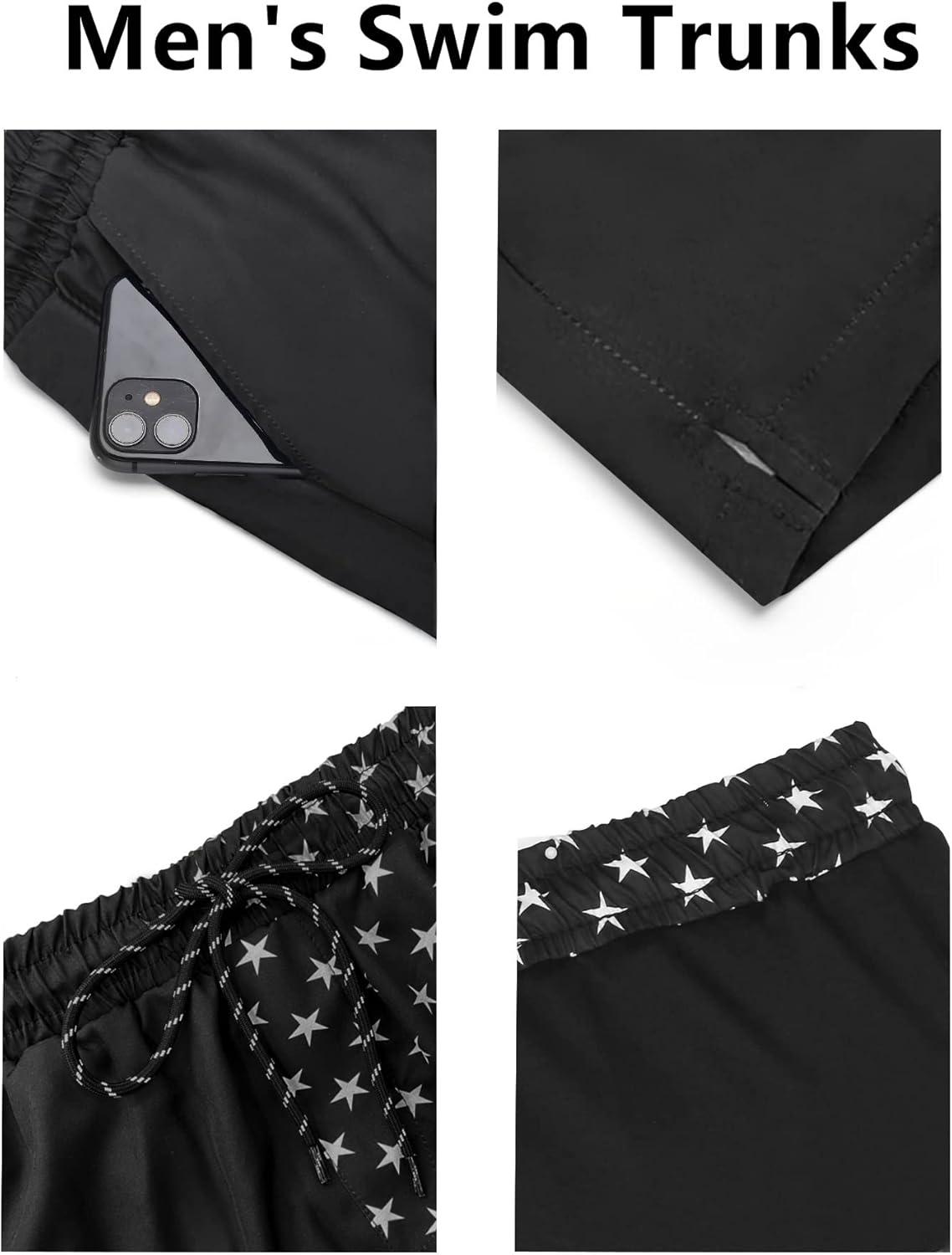 imageCOOFANDY Men Swim Trunk with Compression Liner 2 in 1 Swimwear Bathing Suit Quick Dry Board ShortPrint Black American Flag