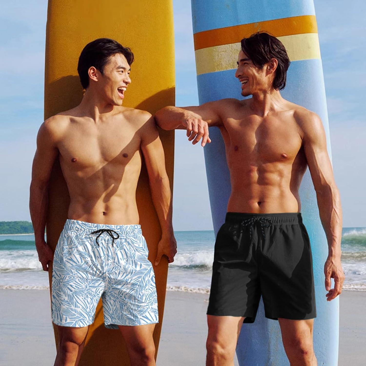 imageCOOFANDY Men Swim Trunk with Compression Liner 2 in 1 Swimwear Bathing Suit Quick Dry Board ShortPrint Blue Plam Leaf