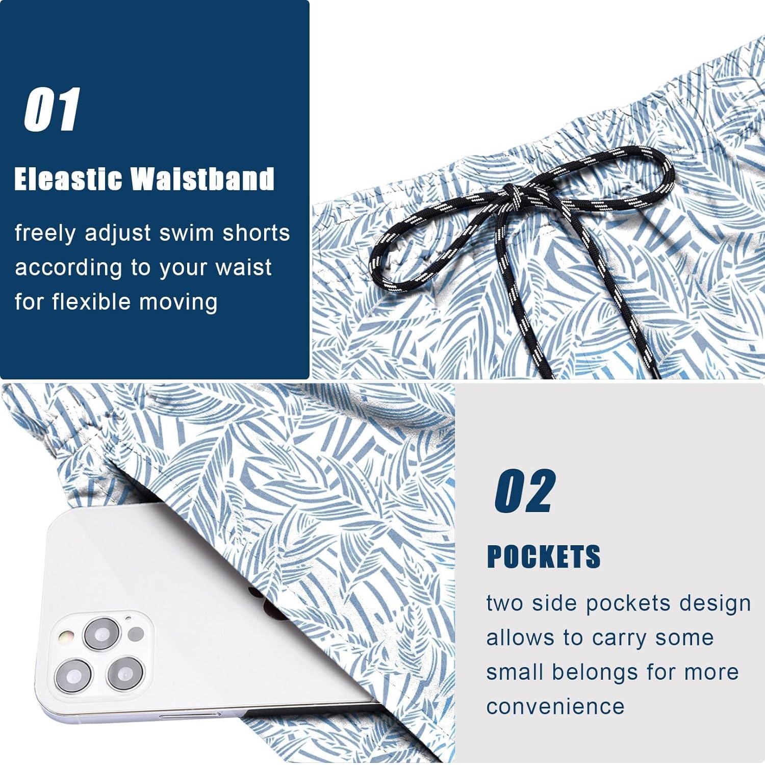 imageCOOFANDY Men Swim Trunk with Compression Liner 2 in 1 Swimwear Bathing Suit Quick Dry Board ShortPrint Blue Plam Leaf