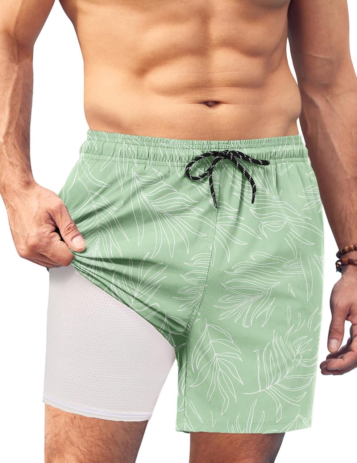 imageCOOFANDY Men Swim Trunk with Compression Liner 2 in 1 Swimwear Bathing Suit Quick Dry Board ShortPrint Green Leaves